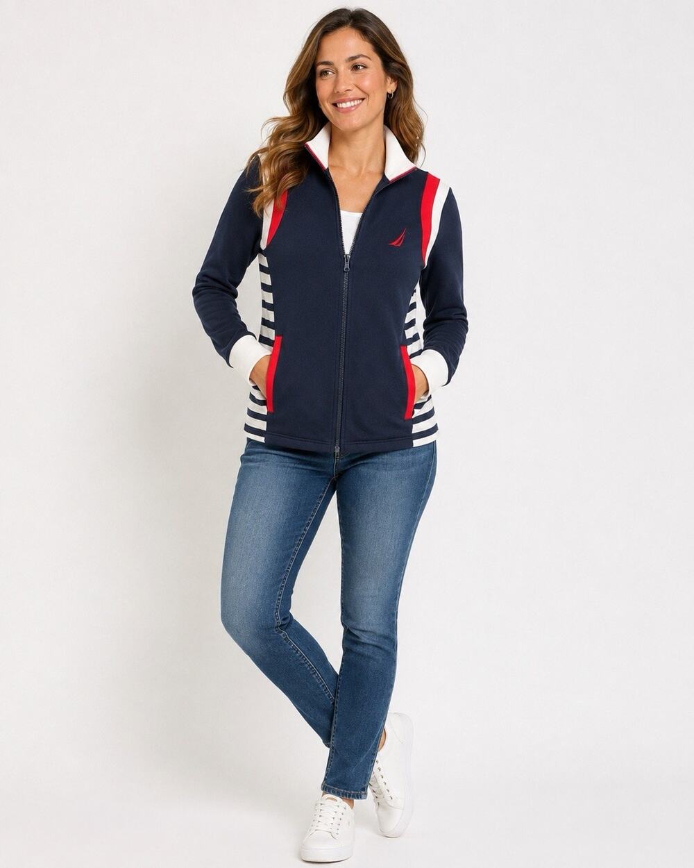 Nautica Womens Size L Navy Red White Striped Full Zip Track Jacket Cotton Preppy